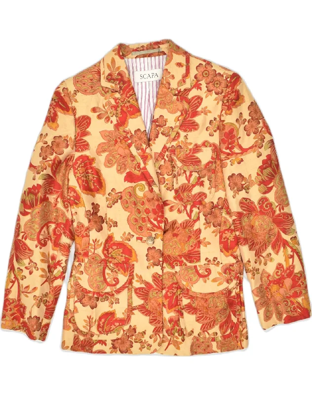 SCAPA Womens 1 Button Blazer Jacket EU 38 Medium Yellow Floral Silk Satin Fabric Silk Fabric Chiffon Fabric