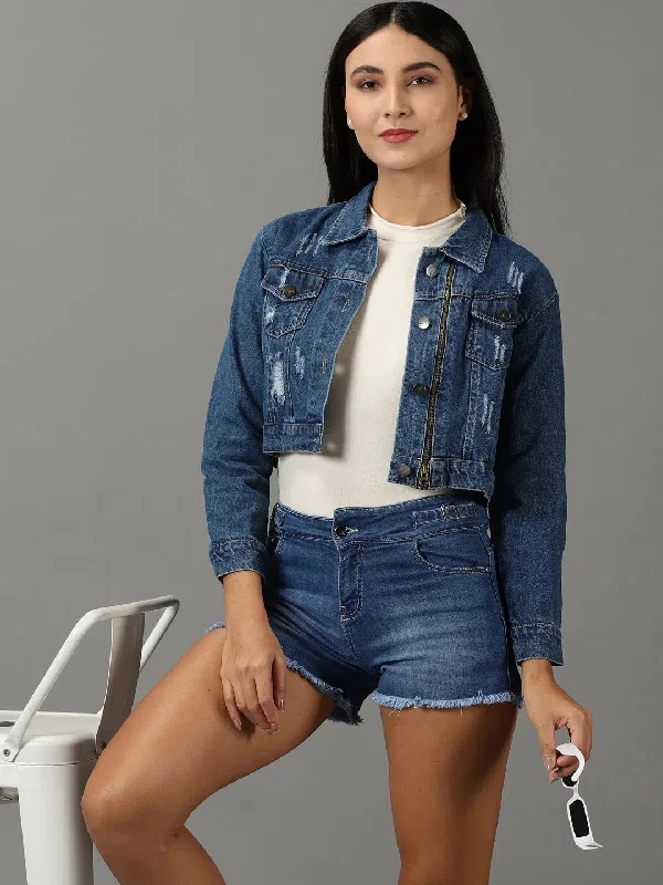 Women's Navy Blue Solid Denim Jacket-AE-0150-Navyblue A-Line Jacket Boat Neck Shawl Collar