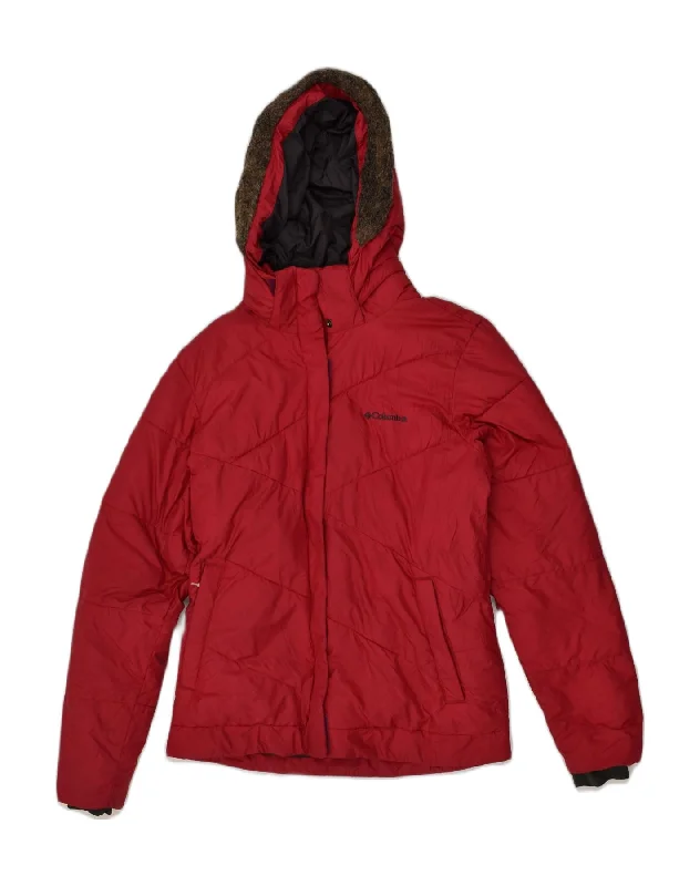 COLUMBIA Womens Hooded Padded Jacket UK 14 Large Red Polyester Hooded Jacket Caped Jacket Shawl Collar Jacket