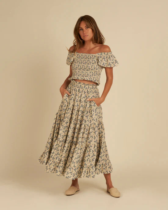Rylee & Cru Women's Ruffle Tiered Maxi Skirt in Blue Ditsy denim skirt trendy
