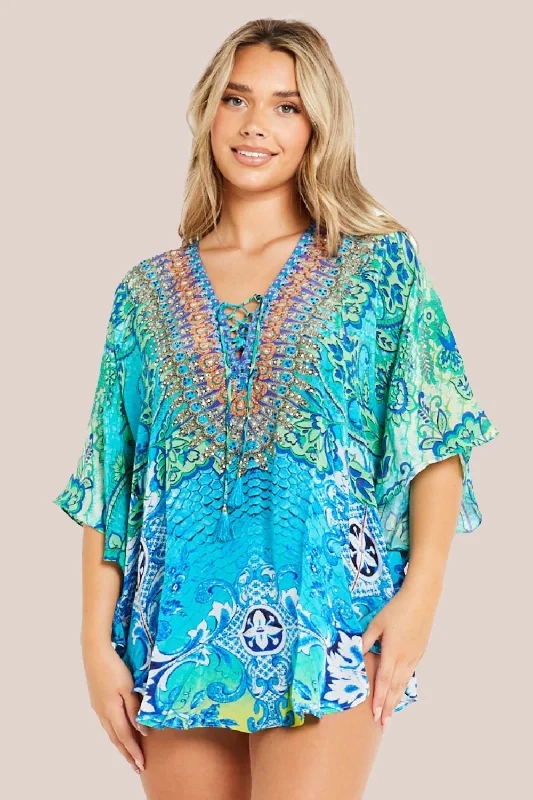 Aftershock London Aqua Blue Floral Short Beach Dress Kaftan Halter Neckline Beach
