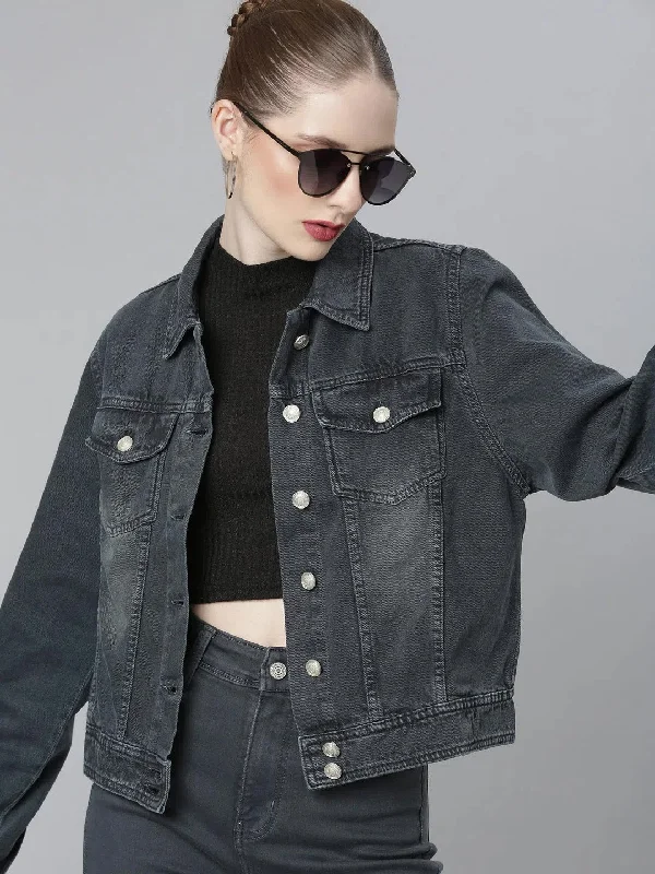 Women Grey Solid Denim Jacket-IM-10700-Grey Welt Pockets Slit Pockets Flap Pockets