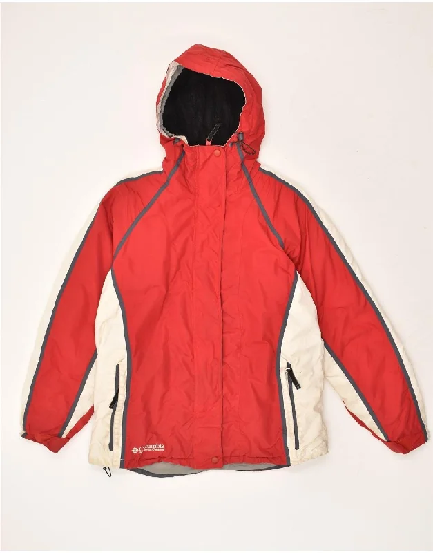 COLUMBIA Womens Loose Fit Hooded Windbreaker Jacket UK 14 Medium Red A-Line Jacket Boat Neck Shawl Collar