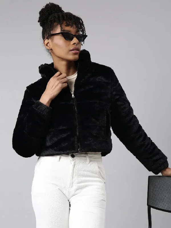 Women Solid Black Puffer Jacket-202310-Black Rayon Jacket Velvet Jacket Corduroy Jacket