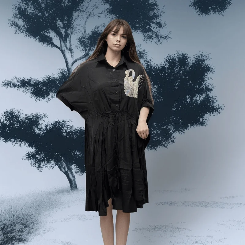 Black Swan Swarovski Cotton Tunic Dress with Waist String - Crystal Embellished Elegant Attire Tunics Cozy soft