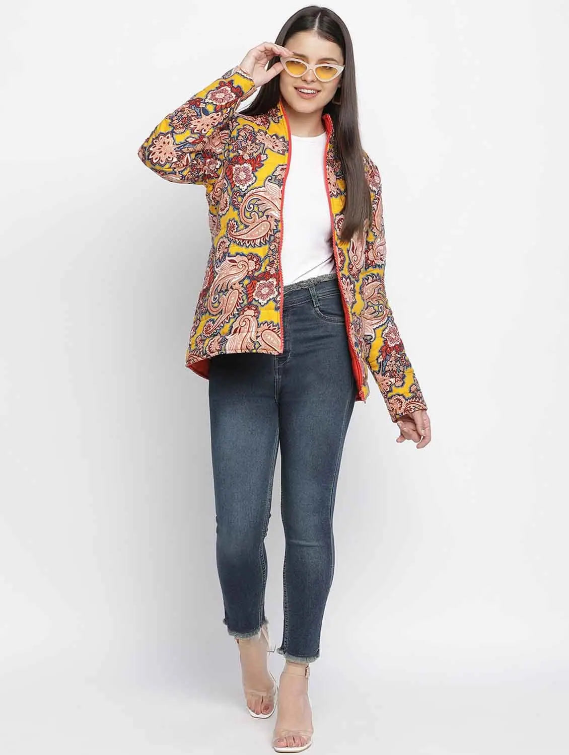 Women Printed Yellow Collared Neck Full Sleeve Jacket Faux Fur Jacket Real Fur Jacket Shearling Jacket