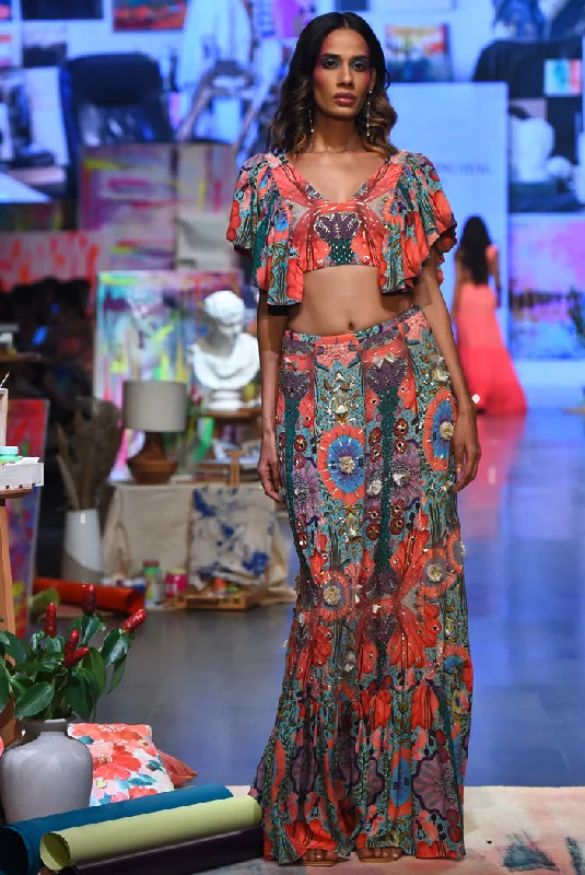 Red Enchanted Print Crepe Embroidered Top With A Frill Skirt pencil skirt chic