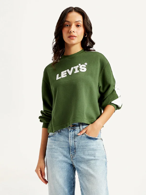 Women's Brand Logo Olive Crew Neck Sweatshirt Hoodie with Hem Ribbing Snug Secure