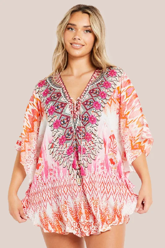 Aftershock London Pink Short Beach Dress Kaftan Boatneck Modish Everyday