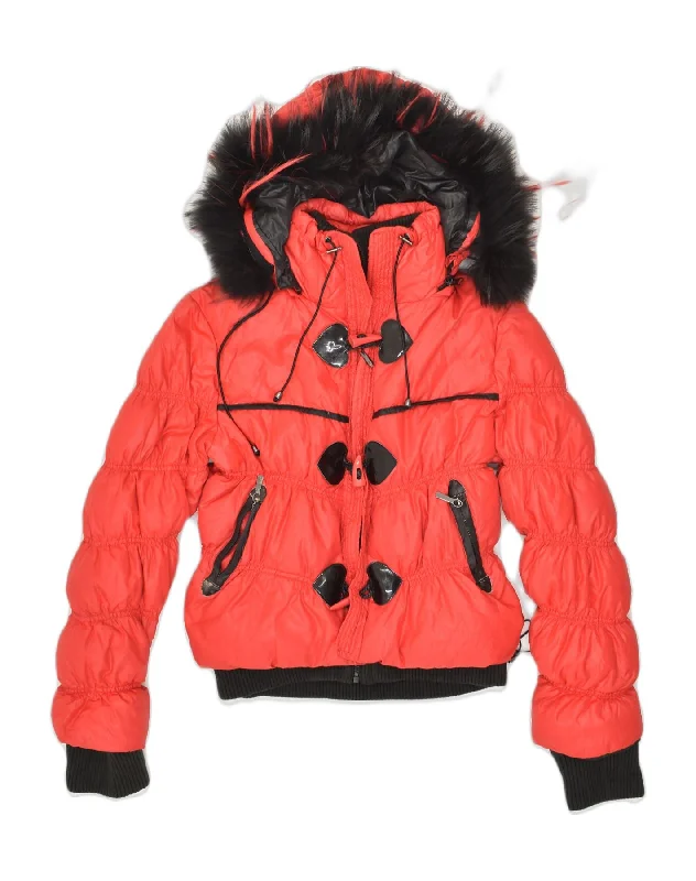 ROCCOBAROCCO Womens Padded Hooded Duffle Jacket IT 40 Small Red Polyester Zippered Jacket Buttoned Jacket Snapped Jacket