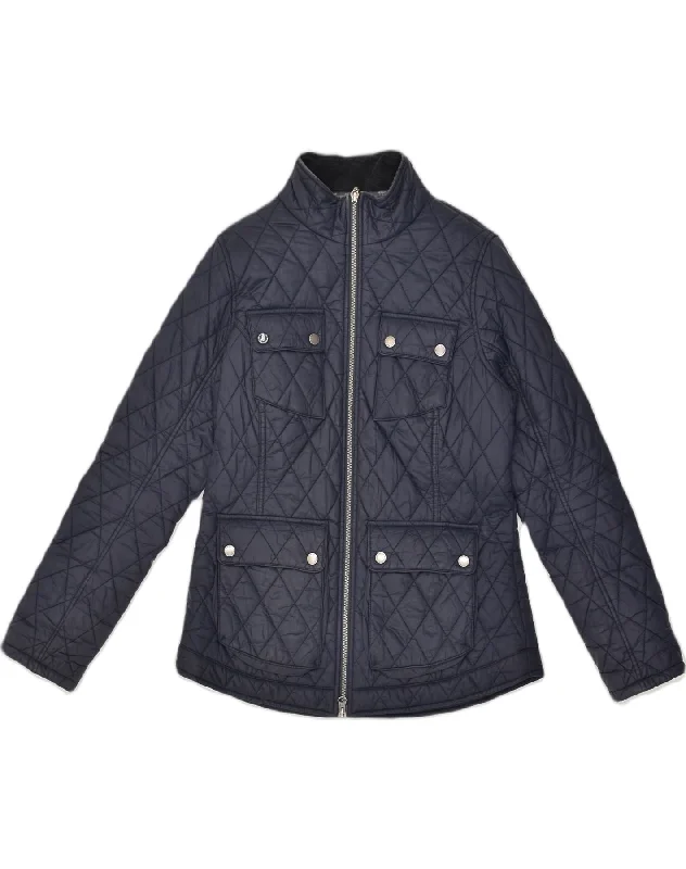 BARBOUR Womens Quilted Jacket UK 12 Medium  Navy Blue Notch Collar Peter Pan Collar Cowl Neck