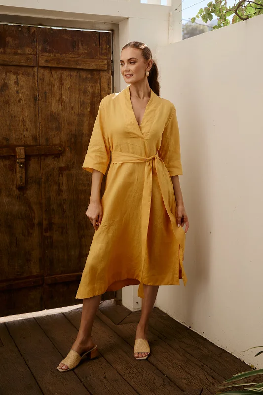 Tia Linen Tunic Dress in Golden Hour Square Neckline Feminine
