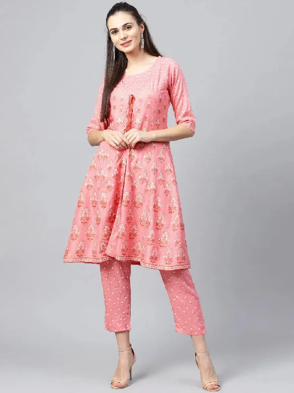 Pink Printed Cotton A-Line Top With Jacket Zippered Jacket Buttoned Jacket Snapped Jacket