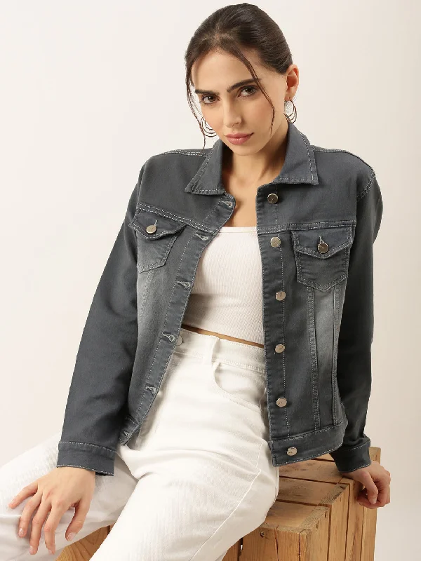 Women Solid Grey Denim Jacket-LT-JKT105372-Grey Embroidered Jacket Appliqued Jacket Beaded Jacket