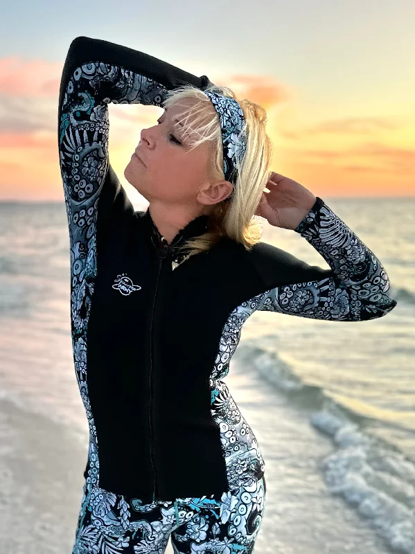 3mm Neoprene Blue Octofloral Scuba Jacket with Quick Dry Thermal Lining Stand-Up Collar Roll-Neck Collar Turtle Neck