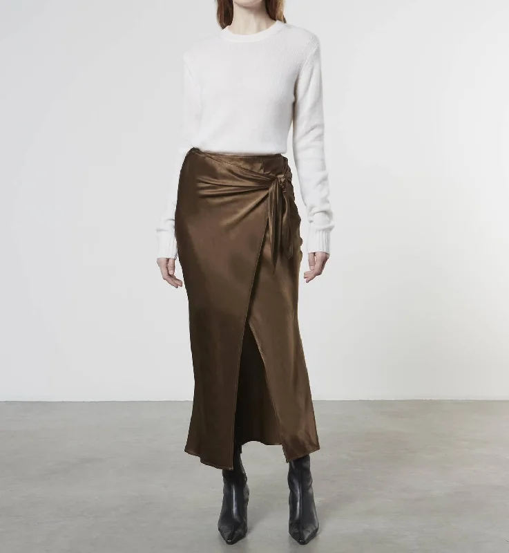 Satin Wrap Skirt In Saddle Brown denim skirt classic
