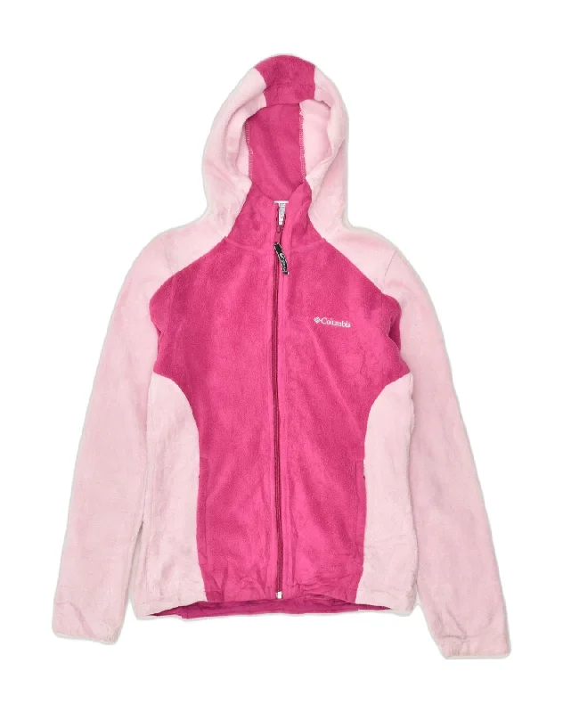 COLUMBIA Womens Hooded Fleece Jacket UK 14 Medium Pink Colourblock Belted Jacket Elasticated Jacket Padded Jacket