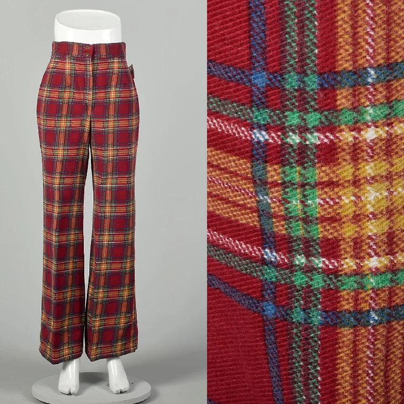 Small 1970s Flannel Bell Bottom Pants Plaid Wide Leg Jeans Modern Skinny Pants