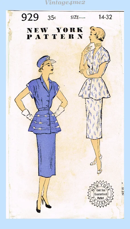 New York 929: 1950s Uncut Misses 2 Piece Peplum Dress 32B Vintage Sewing Pattern Tunics Fashionable trendy
