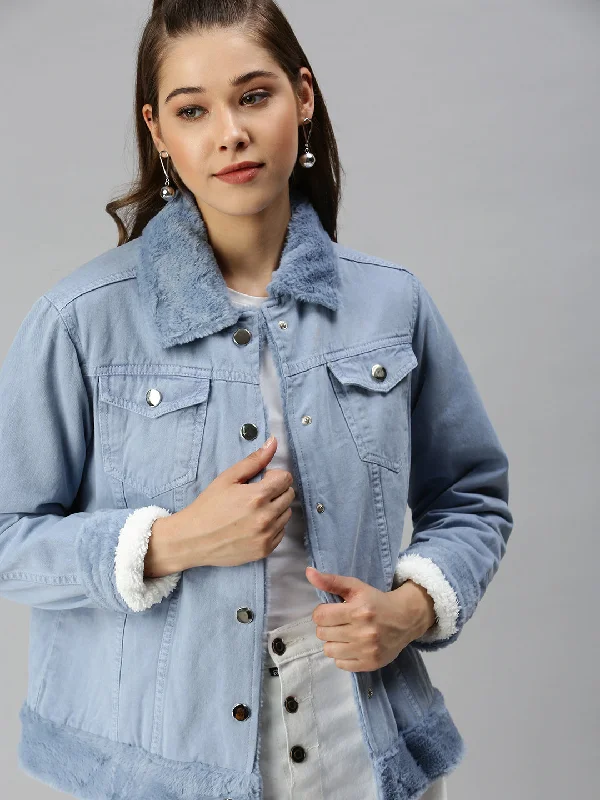 Women Mock Collar Solid Blue Denim Jacket-IM-JKT042-Blue Denim Jacket Leather Jacket Suede Jacket