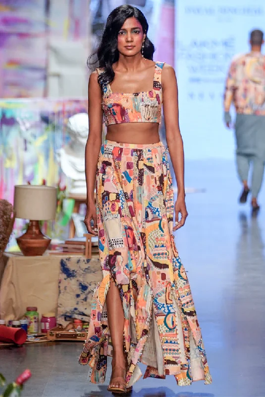 Trance print denim embroidered top with a high low skirt. denim skirt stylish