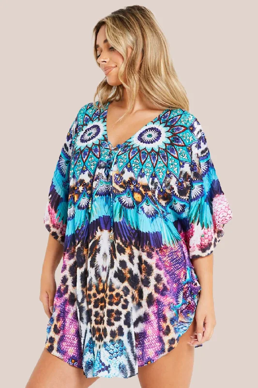 Aftershock London Purple Blue Short Beach Dress Kaftan A-Line Day Work