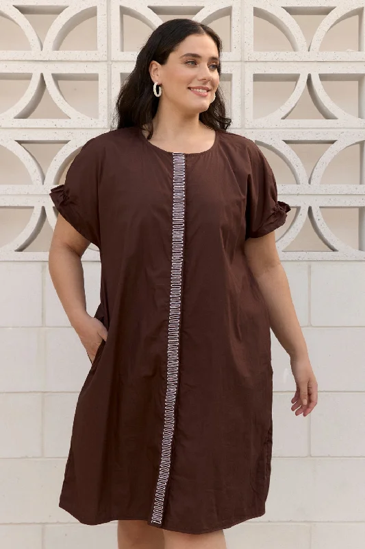 Adalynn Poplin Shift Dress in Chocolate Crew Neckline Casual