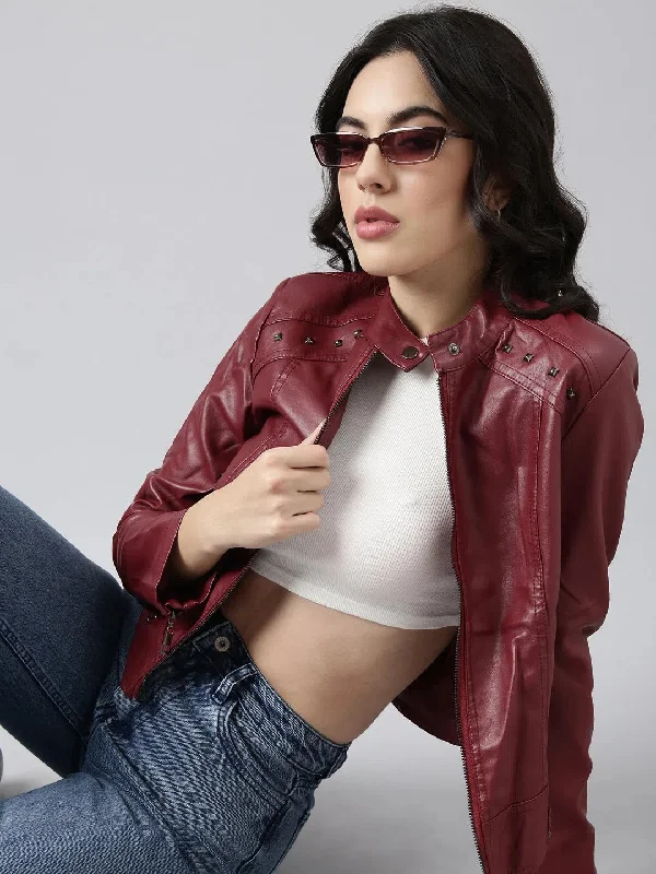 Women Solid Maroon Biker Jacket-8903-Maroon Denim Jacket Leather Jacket Suede Jacket