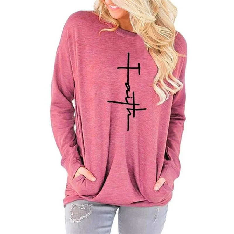 Long Sleeve Pocket Hoodies For Women Faith Letters Print s Kawaii Casual Cotton Hoodies Girls Harajuku Hoodie with Neon Bright Vibrant