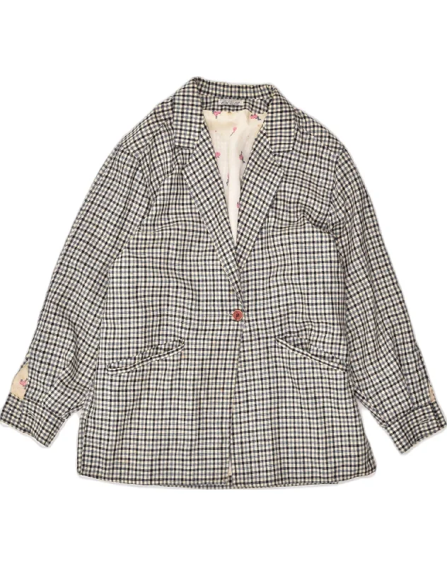 VINTAGE Womens 1 Button Blazer Jacket EU 44 XL Grey Check Virgin Wool Welt Pockets Slit Pockets Flap Pockets