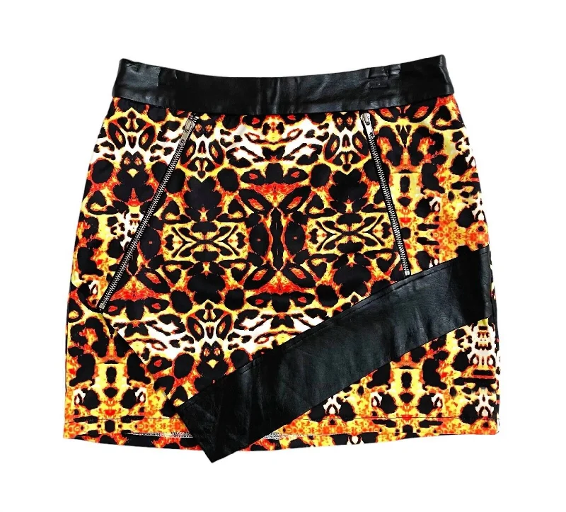 Women's Animal Print A Line With Faux Leather Trim Zippers Mini Skirt In Multicolor silk skirt lustrous