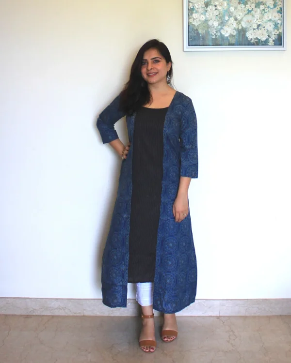 Women's Blue Ajrakh Kantha Jacket Kurta Quilted Jacket Puffer Jacket Insulated Jacket