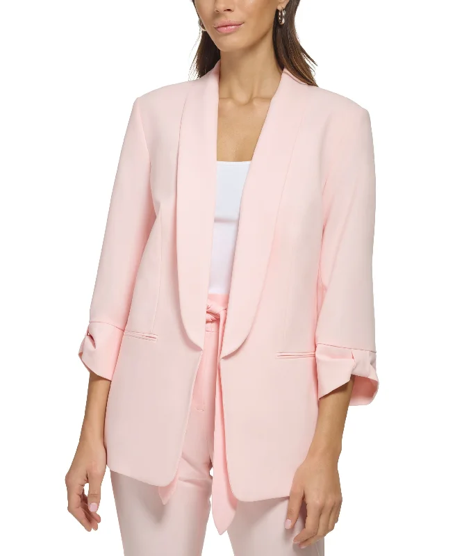 Petite Knot-Sleeve Open-Front Jacket A-Line Jacket Boat Neck Shawl Collar