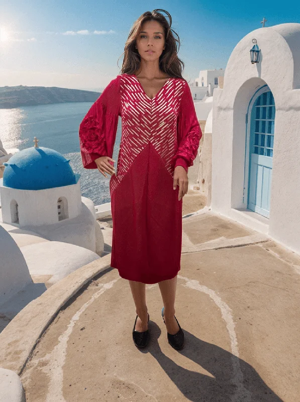 Hot Pink Dress with Floral Sleeves & Golden Accents - Elegant Korean Style Tunics Timeless classic