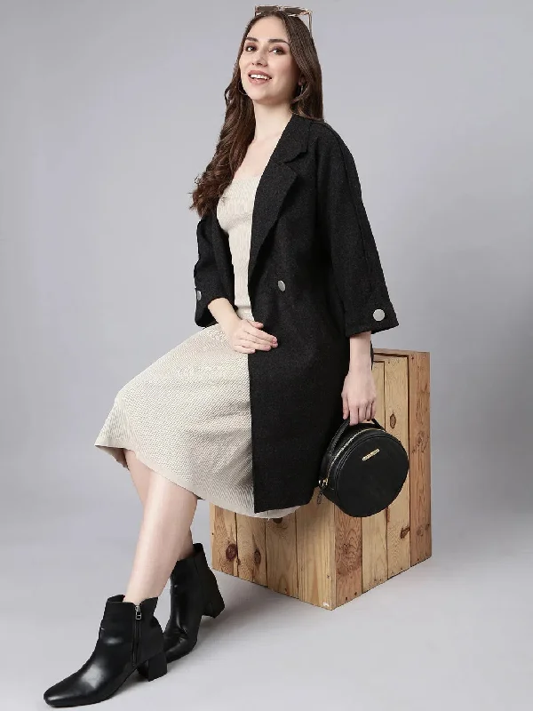Women Acrylic Solid Charcoal Longline Tailored Jacket-8809-Charcoal One-Shoulder Jacket Off-the-Shoulder Jacket Asymmetrical Jacket