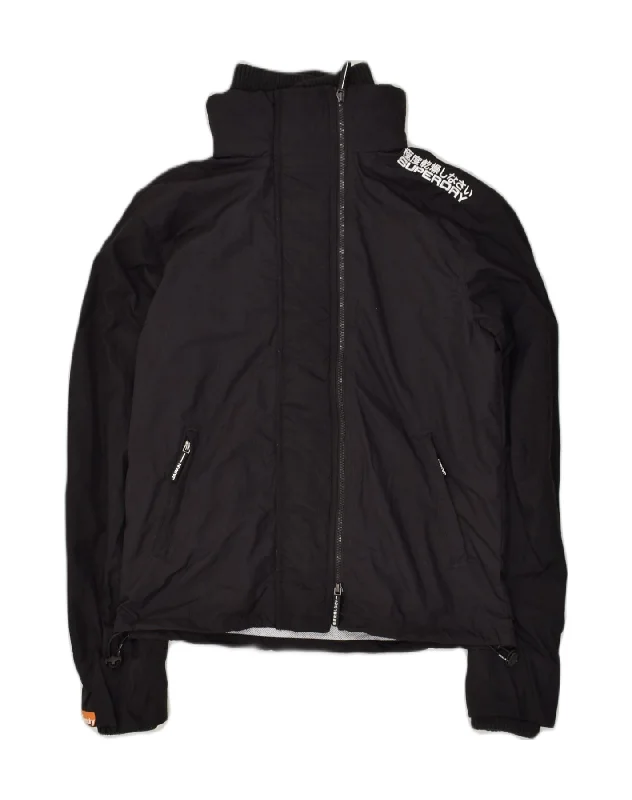 SUPERDRY Womens Windcheater Windbreaker Jacket UK 16 Large Black Nylon A-Line Jacket Boat Neck Shawl Collar