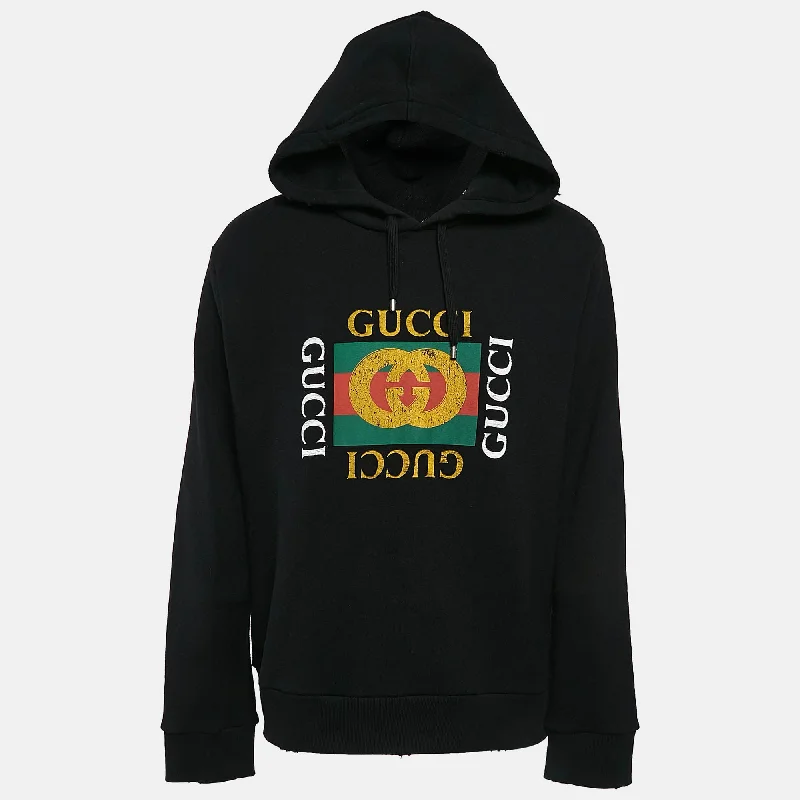 Gucci Black Vintage Print Cotton Knit Distressed Hoodie Hoodie with Button Placket Classic Preppy