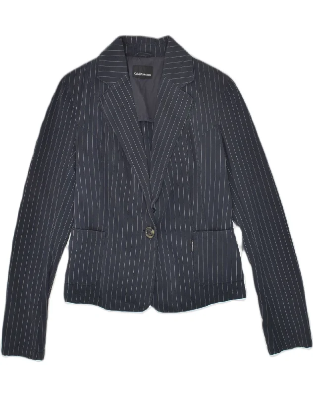 CALVIN KLEIN Womens 1 Button Blazer Jacket Medium Grey Cotton Faux Fur Fabric Real Fur Fabric Shearling Fabric
