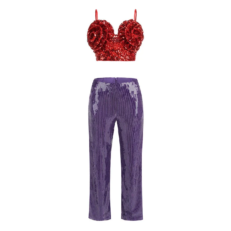 Offbeat Rosette Lace Up Bra Top High Waist Wide Leg Sequin Pant Matching Set Trendy Tapered Pants