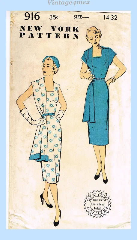 New York 916: 1950s Uncut Misses Slender Dress Sz 32 B Vintage Sewing Pattern Tunics Prom sequined