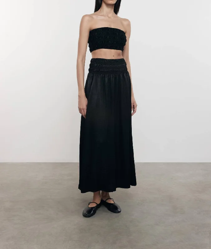 Textured Satin Smocked Skirt In Black floral skirt print