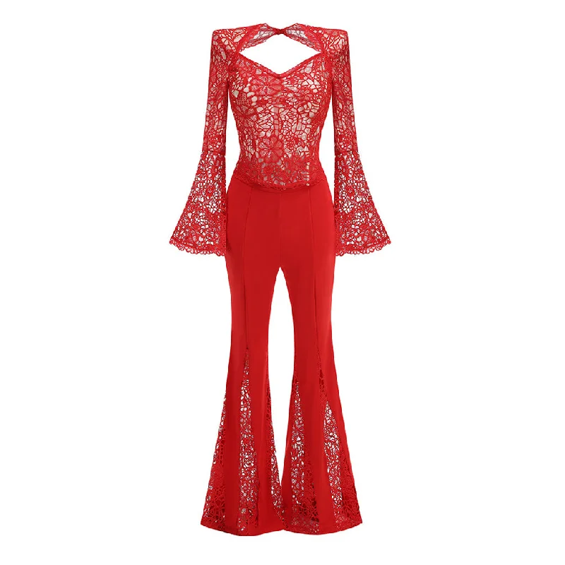 Sexy Guipure Lace Sheer Top High Waist Fit & Flared Pant Matching Set Elegant Dress Pants Sexy Guipure Lace Sheer Top High Waist Fit & Flared Pant Matching Set Elegant Dress Pants