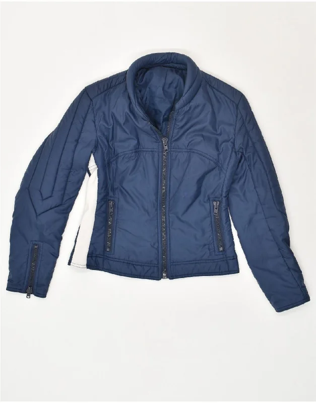 VINTAGE Womens Padded Jacket EU 38 Medium Navy Blue Colourblock Polyamide Wool Jacket Cashmere Jacket Tweed Jacket
