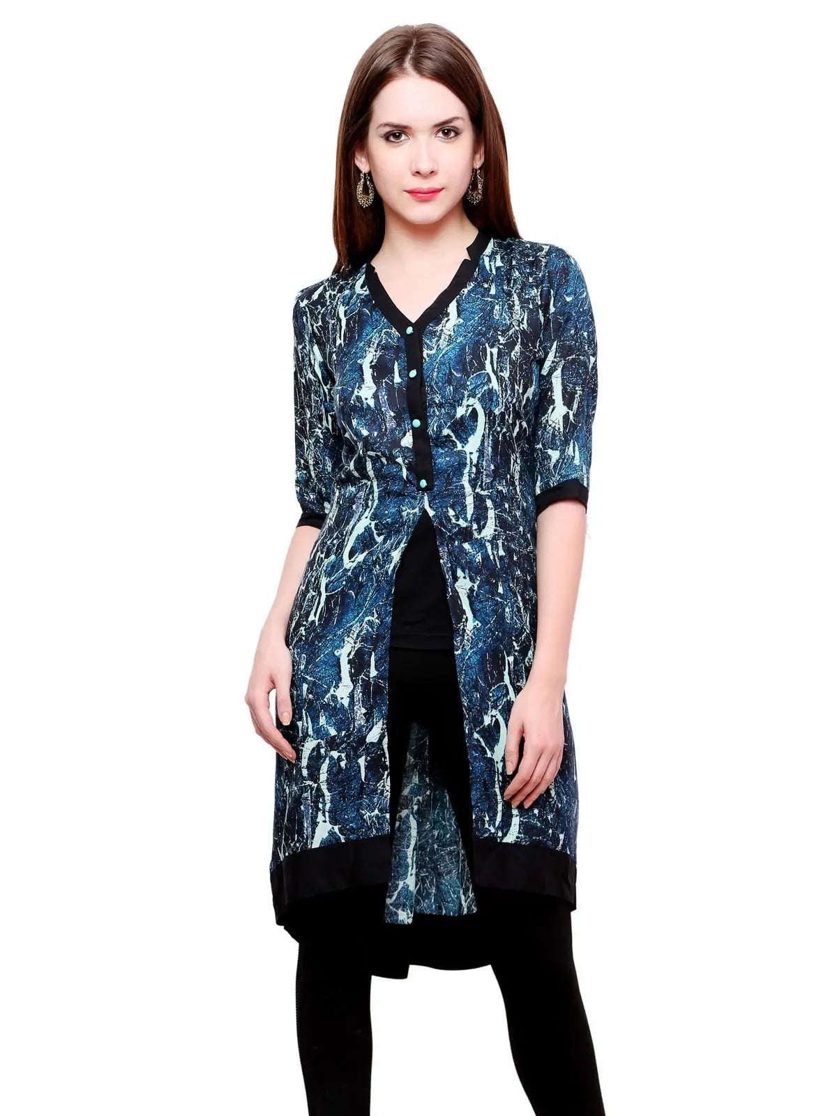 Pannkh Women's Abstract Print Jacket Kurti-PK1116GREEN-S Hooded Jacket Caped Jacket Shawl Collar Jacket
