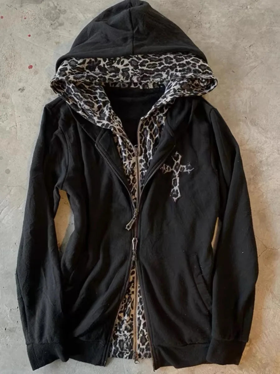 Advbridge Leopard Print Fake Two Hoodies Streetwear Harajuku Vintage Women Clothing long sleeve Zip up Hoodie men long sleeve Y2K Hoodie with Sequins Glamorous Eye-catching