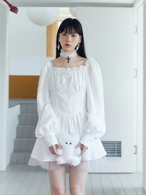 Flower Corsage High Waist Puff Sleeve Ruffled Lace Dress【s0000003579】 empire Waist empire