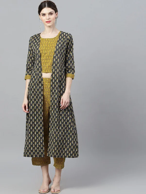 Women's Mustard & Grey Printed Top & Capri With Jacket - AKS Jersey Jacket Tulle Jacket Batik Jacket