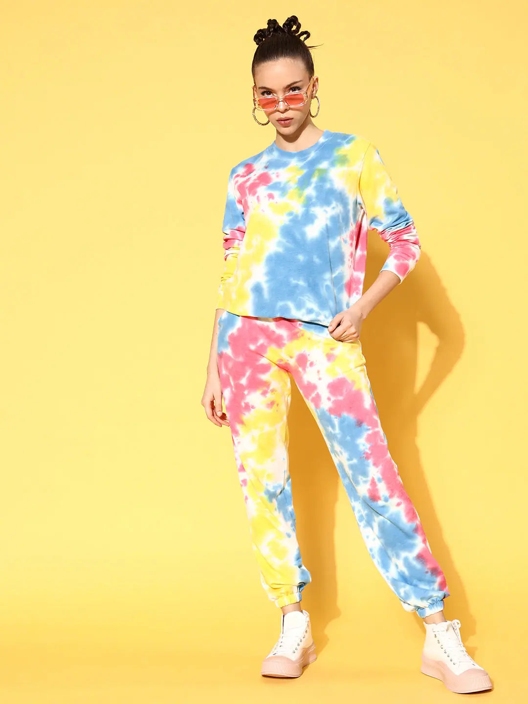 Women Blue & Pink Tie Dye Sweatshirt With Joggers Hoodie with Tied Waist Feminine Flattering