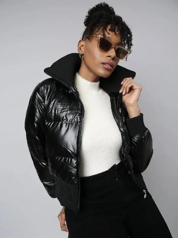 Women Solid Black Puffer Jacket-12-Black Nylon Jacket Polyester Jacket Spandex Jacket
