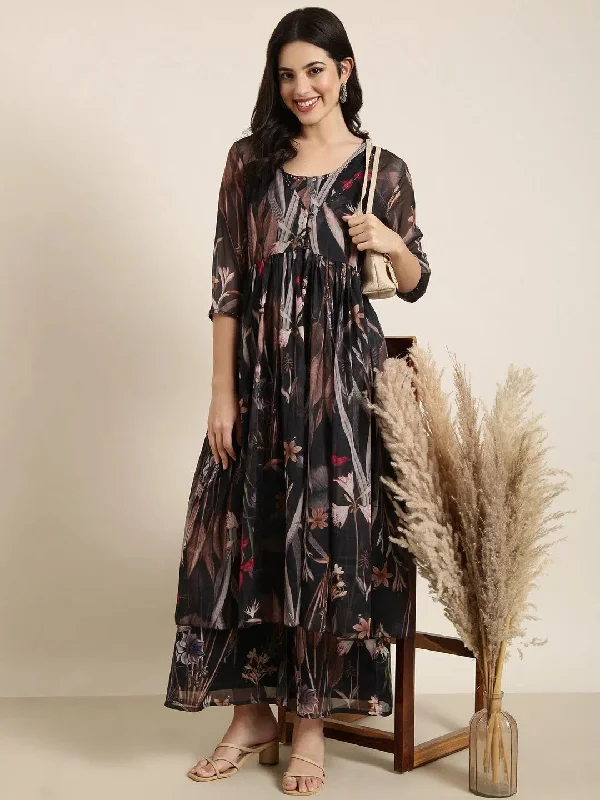 Women Black Printed Top & Palazzos Set Comes With Jacket-DW-5498-Black Fleece Jacket Down Jacket Parka